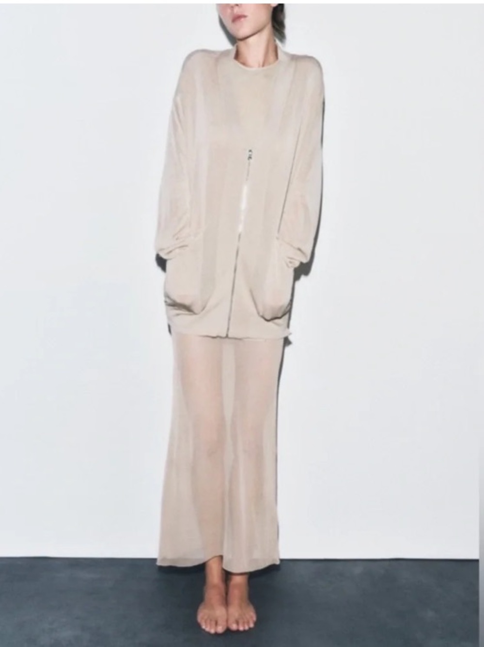 *SET* Zara Sheer Longline bomber jacket and sheer skirt — Beige/Cream
